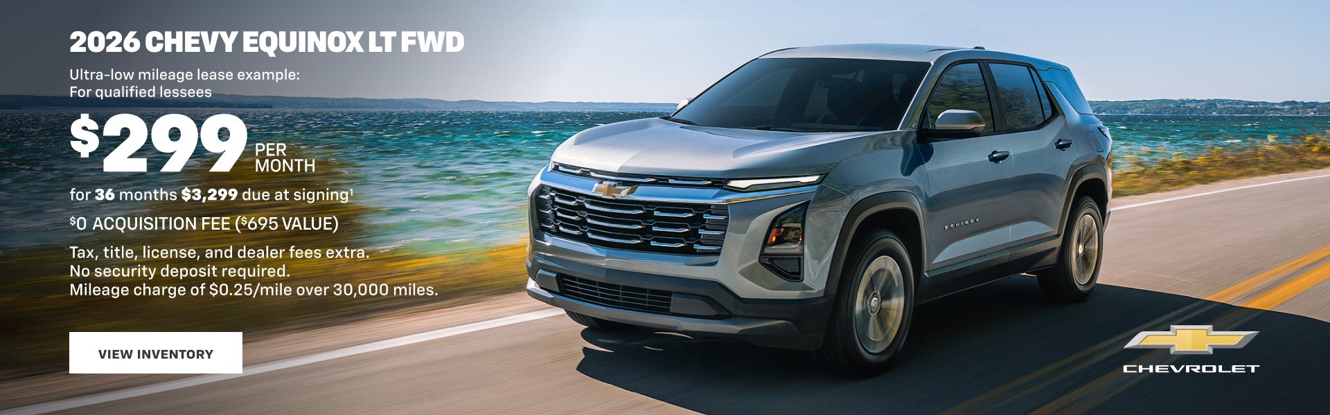 2026 Chevy Equinox LT FWD.Ultra-low mileage lease example gor qualified lessees. $299 PER MONTH f...